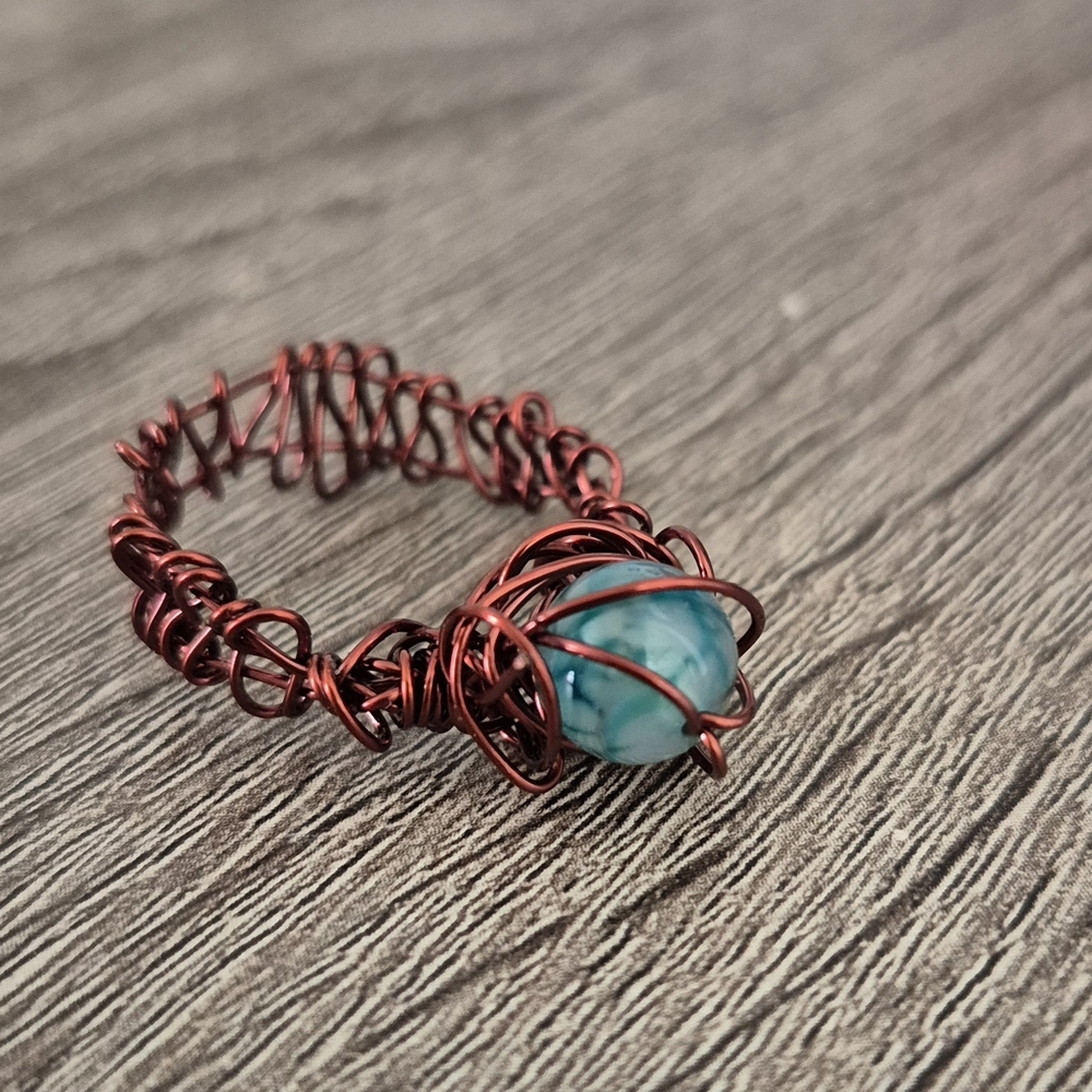Handcrafted Vintage Copper Ring With Natural Dragon Vein Agate!